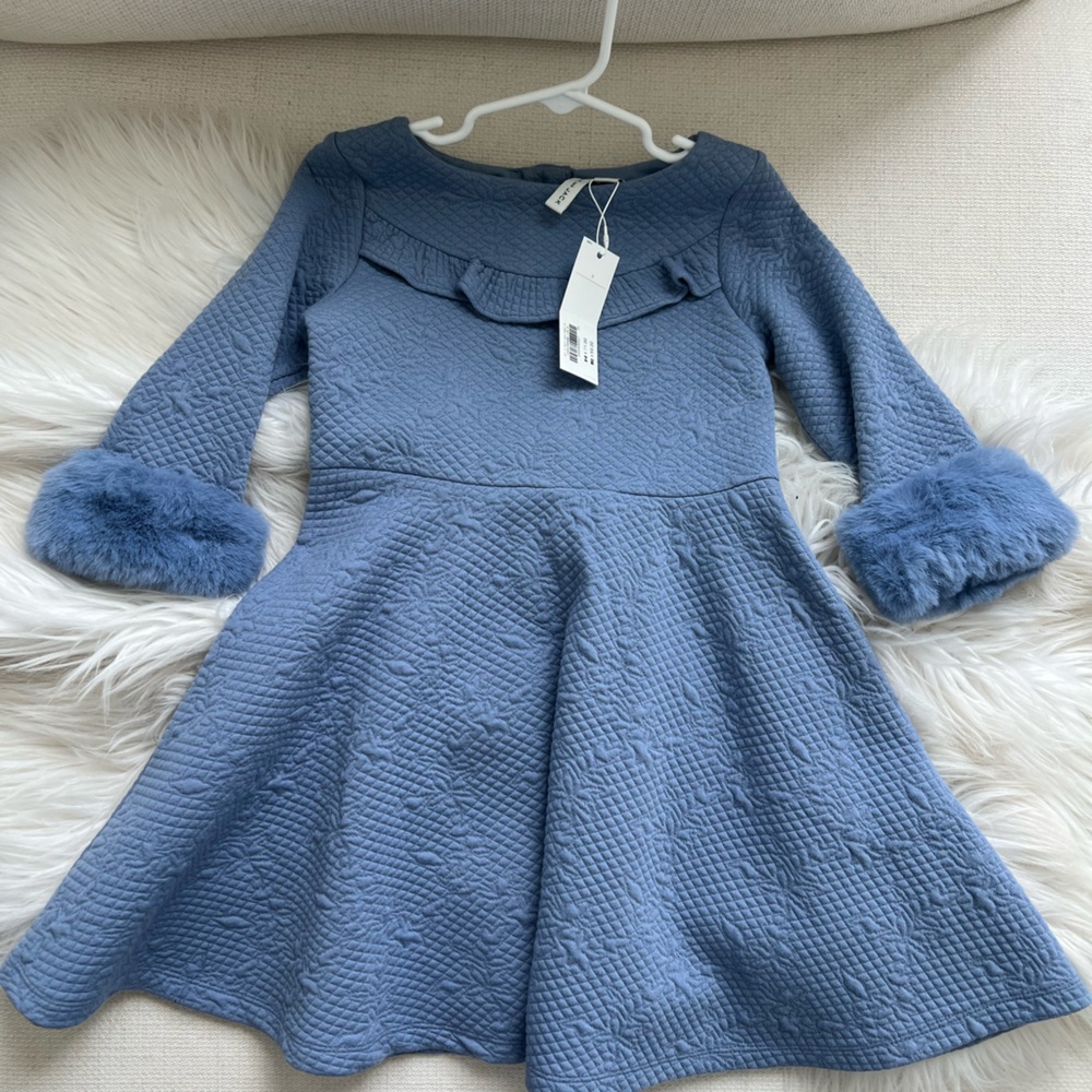 Blue Textured Dress with Faux Fur Cuffs